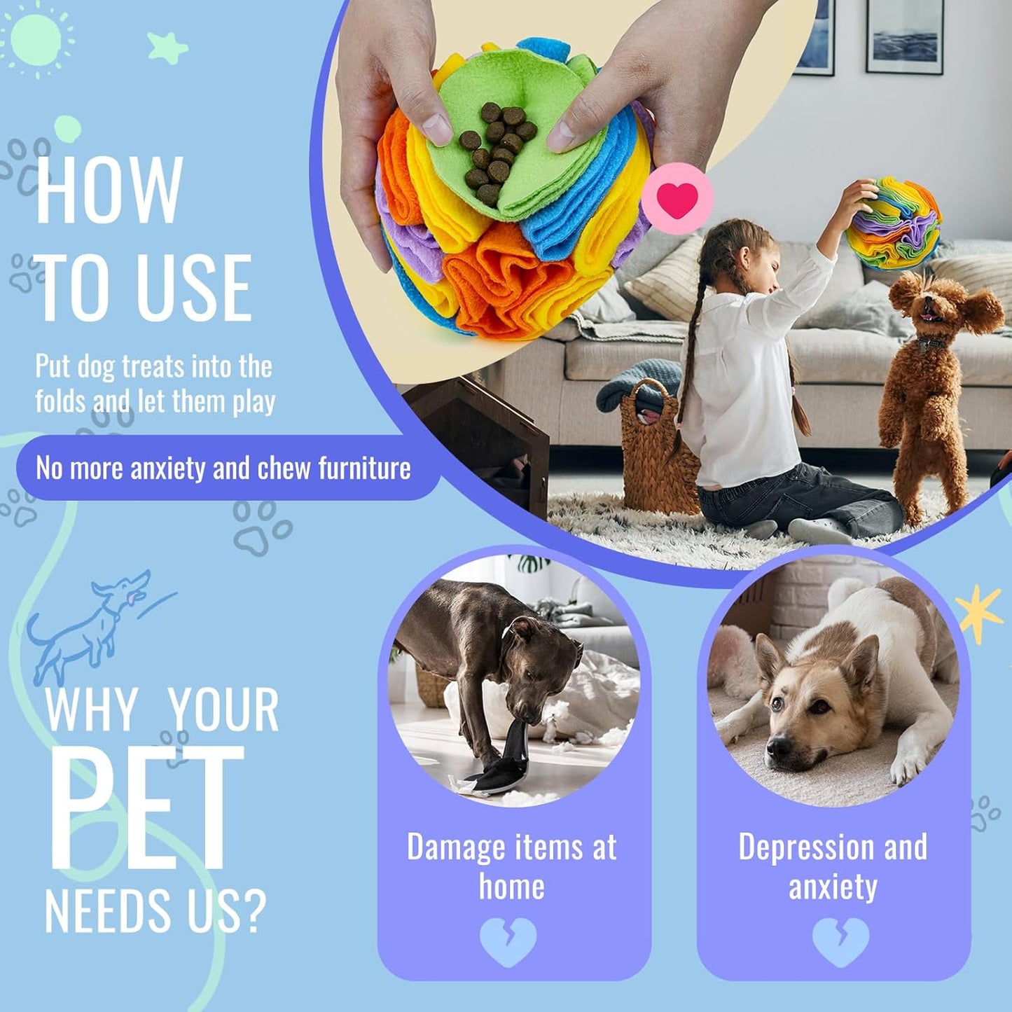 Pet Snuffle Ball, Puzzle Sniffing Interactive Dog Ball for Blind Dogs Training Stress Relief Dog Enrichment Toys Treat Machine Washable (15cm, Sweet Purple)