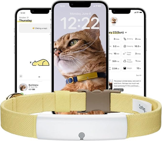 Health Tracker for Cats - Smart Cat Collar with Safety Breakaway Buckle for Indoor Cats, Wellness Alerts, Real-time Monitoring (White×Yellow,L)