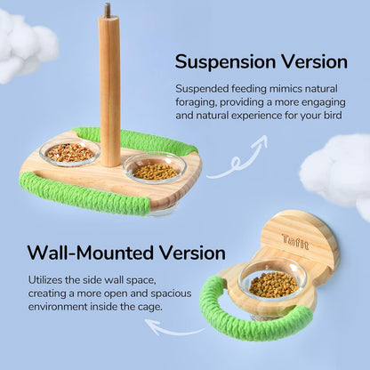Bird Feeder & Perch – Includes Cotton Rope Perch and 2 Glass Feeding Cups – Cage Accessory for Cockatiels, Budgies, Lovebirds, Conures, Canaries, Finches, and Small Parrots