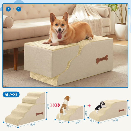 5-Step Spliceable Pet Stairs: Indoor& Outdoor Multi-Use with a Removable Cover and a Pocket, Best for Small Pets and Older Dogs Who Has Spine and Arthritis Issues to Get on High Beds, Beige(22.8" H)