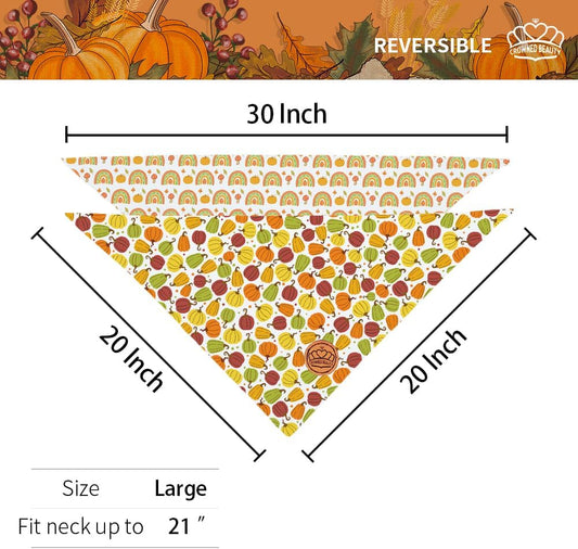 CROWNED BEAUTY Fall Dog Bandanas Reversible Large 2 Pack, Fall Rainbow Set, Orange Adjustable Triangle Holiday Scarves for Medium Large Extra Large Dogs Boy Girl Pets DB184-L
