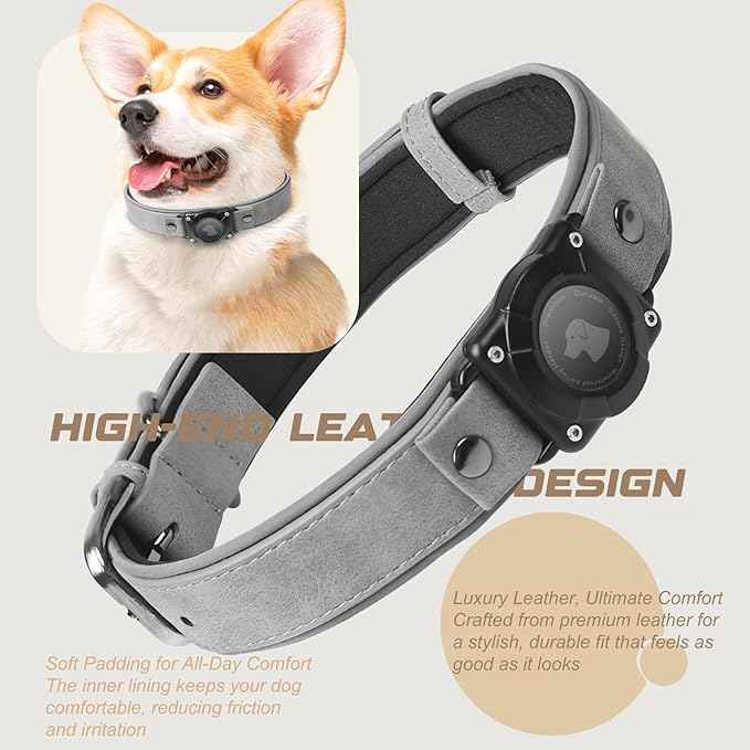 Leather AirTag Dog Collar, Waterproof Dog Collar with Air Tag Holder, Compatible with Apple Air Tag, Reflective, Durable, Comfortable Padded GPS Dogs Collars (Grey, XL)