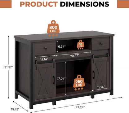Miereirl 55-75 Gallon Fish Tank Stand with Power Outlet – Heavy Duty Aquarium Stand, Rustic Farmhouse Style, 800 lb Capacity, Adjustable Storage & Sliding Barn Doors, Dark Brown
