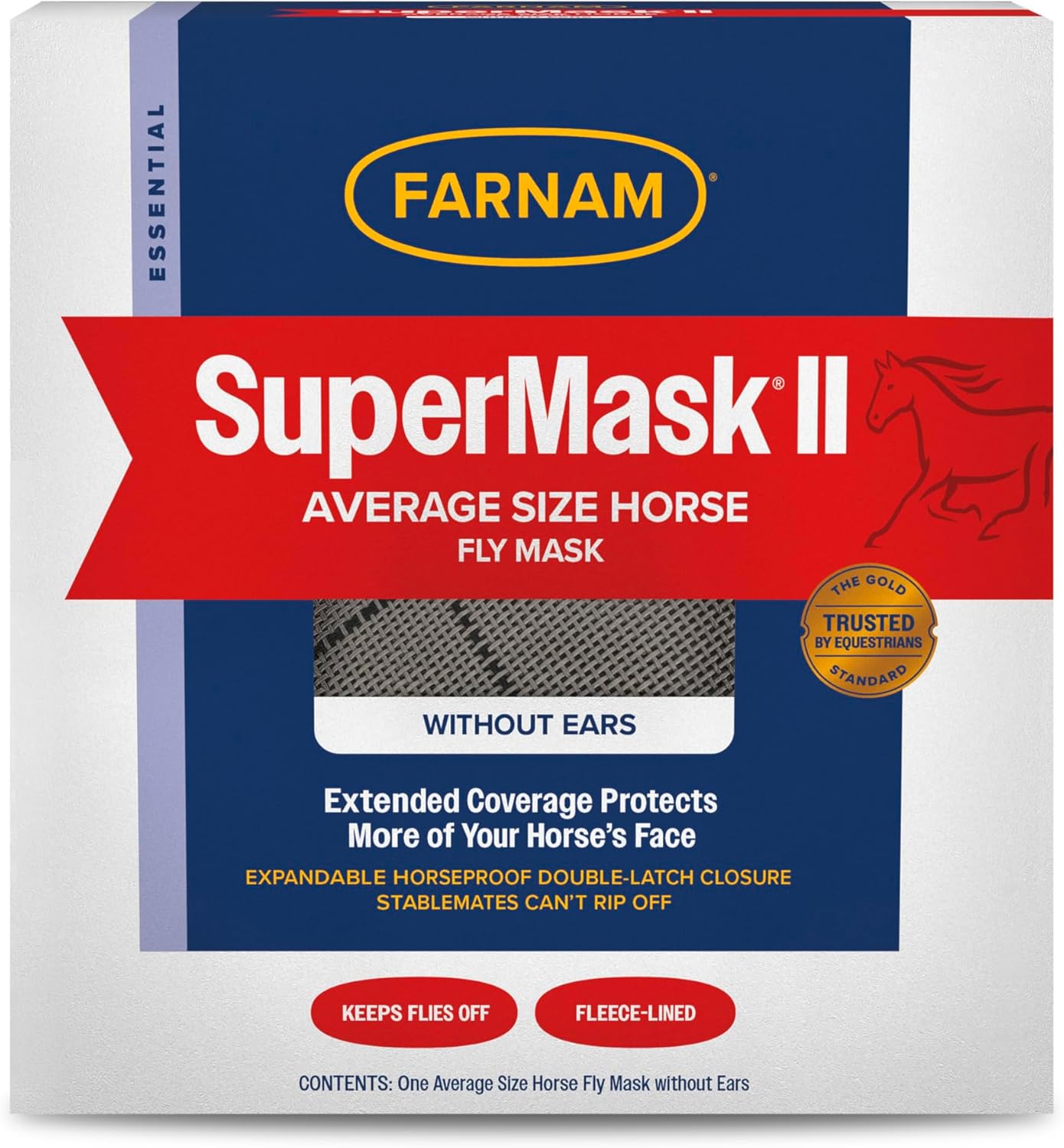 Farnam SuperMask II horse fly mask without ears, extended coverage, protects eyes from insects and debris, adjustable throat latch, Average Horse Size