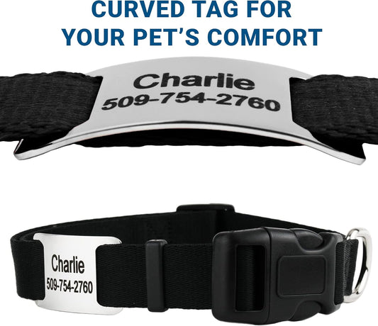 GoTags Personalized Dog Collar with Nameplate, Adjustable Dog Collar with Custom Engraved Slide On Pet ID Tag in Stainless Steel, Silent, No Noise Dog Tag for Large Medium and Small (Black, X-Small)