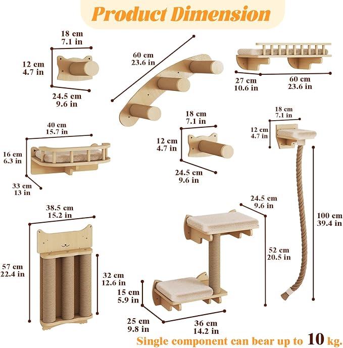 BYBYME 8 Pcs Cat Wall Climbing Set, Wood Cat Furniture with Scratching Posts, Kitten Perch, 100CM Sisal Rope & Cat Bed, Wall Mounted Cat Shelves for Sleeping, Playing & Relaxing（Natural Wood）