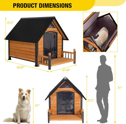 Outdoor Dog House with All-Around Insulated Liner Weatherproof Puppy Shelter Indoor Dog Kennel, Anti-Bite Dog Home for Large Breed with Porch (Brown, 50.8" D x 37.4" W x 37.2" H)