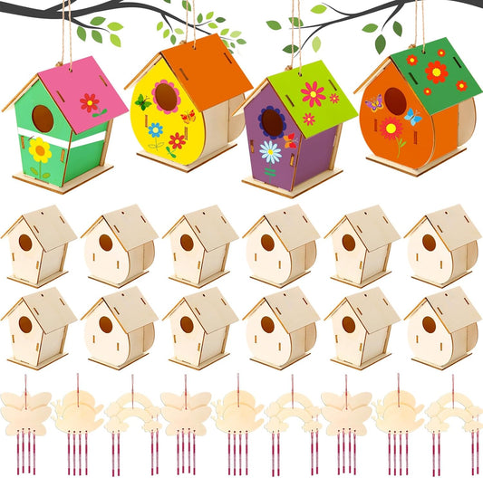 30 Pcs Crafts DIY Bird House Wind Chime Kit Unfinished Wood Birdhouse Kits 12 Wooden Birdhouses & 18 Wind Chimes Build and Paint Birdhouses Bulk Crafts Set