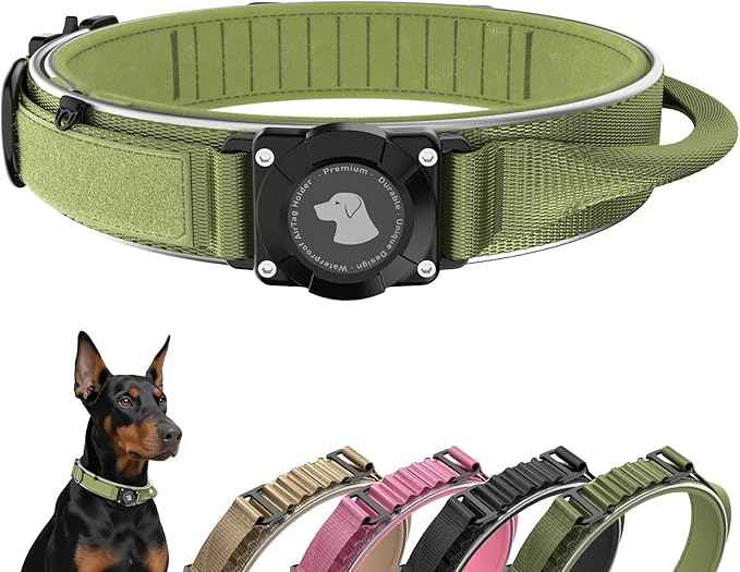 2025 New and Improved AirTag Dog Collar, Military Tactical Dog Collar with AirTag Holder - Adjustable Control Handle, Durable Metal Buckle, Comfortable GPS Dog Collars (M,ArmyGreen)