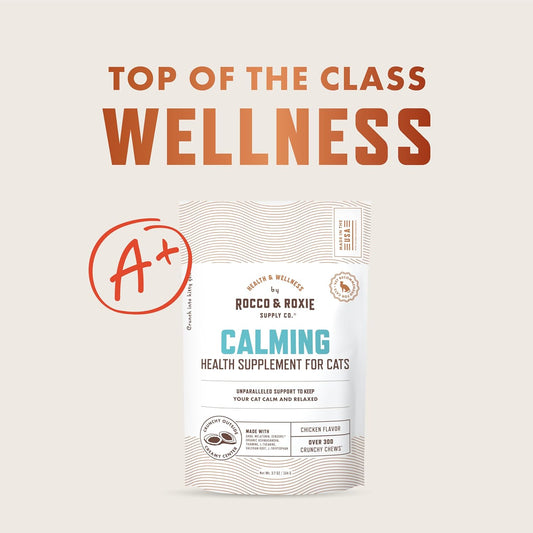 Rocco & Roxie Cat Calming Treats with Melatonin for Cats, Stress and Anxiety Relief, Keep Calm for Grooming, Travel, or Vet Visits, Aid Sleep with Organic Ashwagandha and GABA, Chicken Flavored Chews