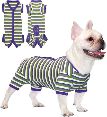 TONY HOBY Dog Pajamas, Knitted Dog Jumpsuit Shirt in Cold Weather, Dogs Surgical Recovery Suit for Small Medium Dogs (Purple&Green, Boy, S)