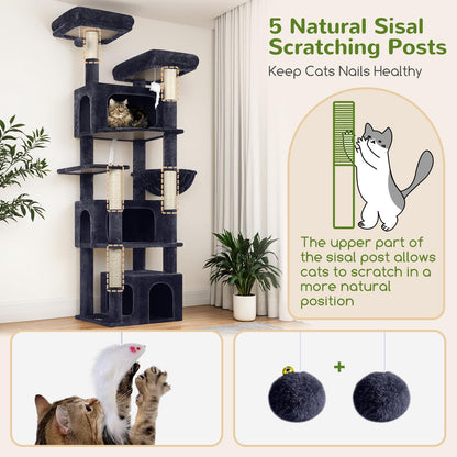 Globlazer Sturdy Cat Tree for Large Cats, 77 inch Large Cat Climbing Tower for Indoor Adult Cats, Cat Scratching Tower with 5 Scratching Posts, 3 Cat Condos, 2 Top Perches, S77, Dark Grey