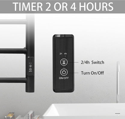 KEG Towel Warmer Wall Mounted with Built-in Timer 4 Bars Electric Stainless Steel Heated Towel Racks for Bathroom, Hot Plug-in Bath Towel Heater Matte Black