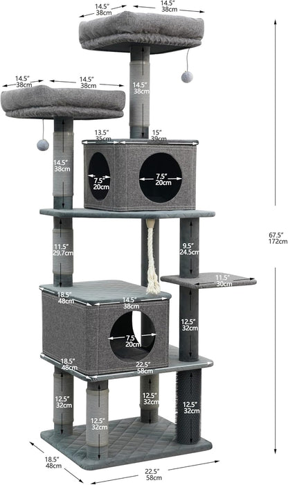 Catry® Stella 7-Level 67.5” Linen & Quilted Velvet Cat Tree with Recycled Paper Scratchers, Two Condos, Removable Beds, Toys, Easy to Clean, Ideal for Large Cats and Multi-Cat Homes (Zinc Gray)