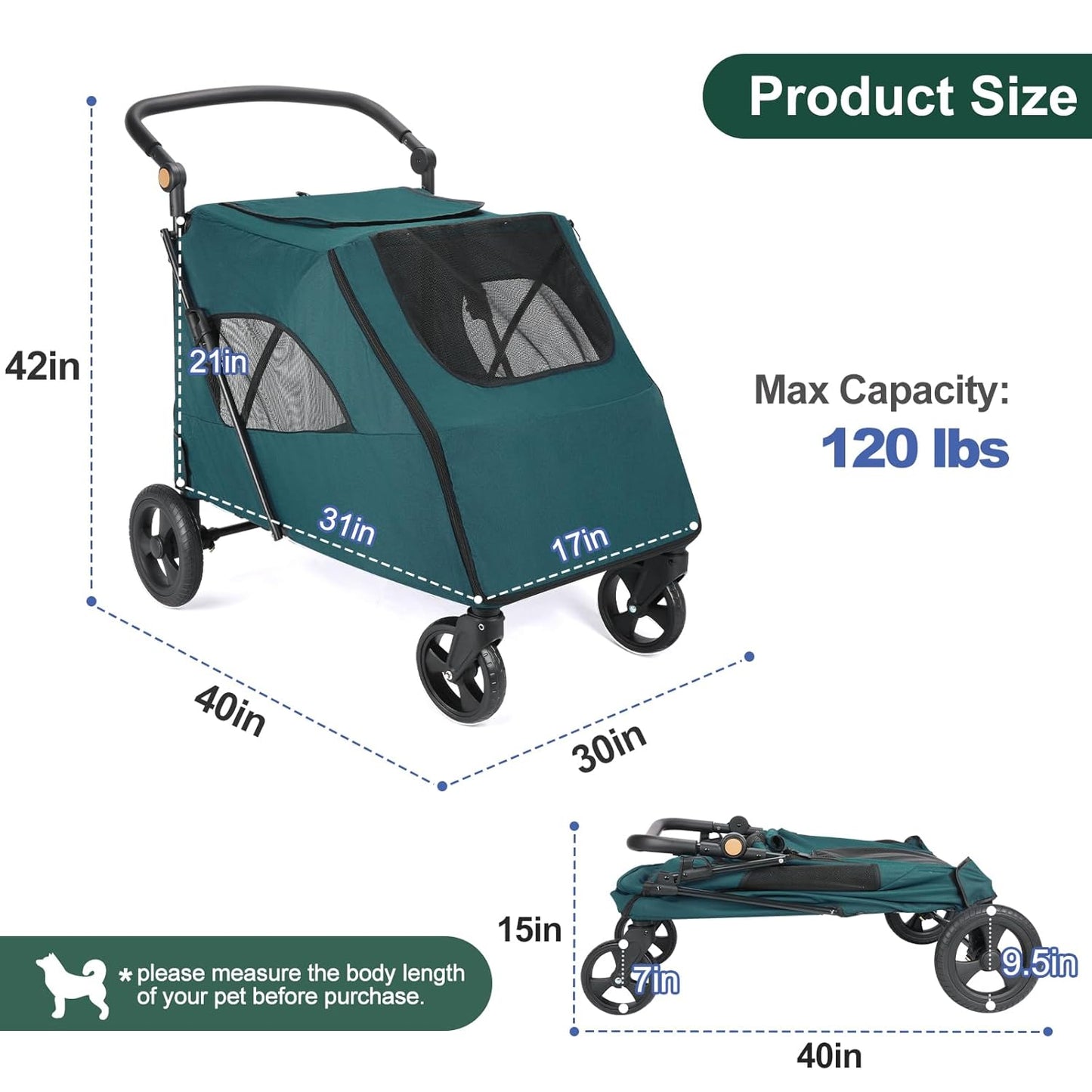Large Dog Travel Stroller with 4 Heavy Duty Wheels Pet Stroller with Adjustable Handle - Double Doggie Capacity Jogger Wagon with Back Front Door for Small Medium Large Dogs (Dark Green-C) - Pawvie