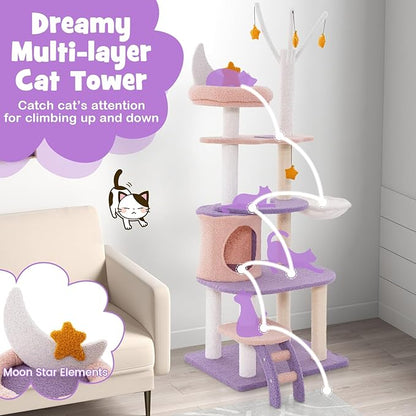 PETSITE Star and Moon-Themed Cat Tree Tower, Multi-Level Modern Cat Tower with Sisal Scratching Posts, Cat Condo, Side Hammock, Hanging Dangling Toys, Cute Cat Tree for Indoor Cats (62 Inch Tall)