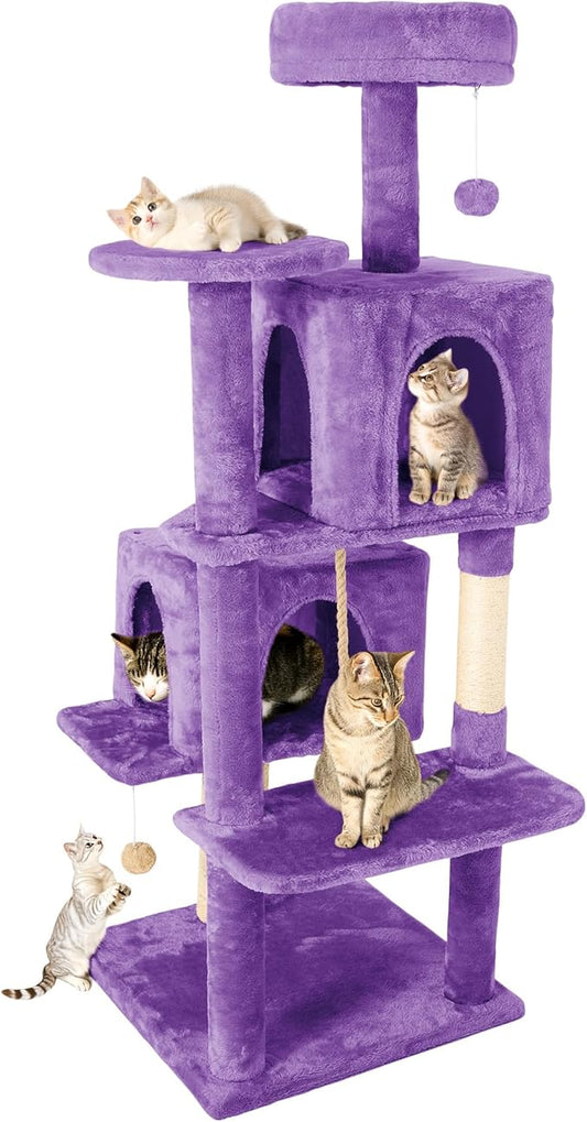 58in Large Cat Tree Tower for Indoor Cats with Soft Plush Hang Ball, Two Condos, Sisal Scratch Posts & Rope Play for Kittens/Adult Cats, Purple