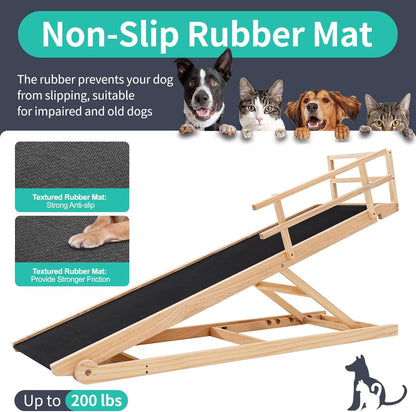 Dog Ramp, 5 Level Adjustable Height Folding Pet Ramp for High Bed, Portable Paw Ramps Large Bed Ramp for Medium & Large Old Dogs & Cats - Natural Wood Furniture Quality