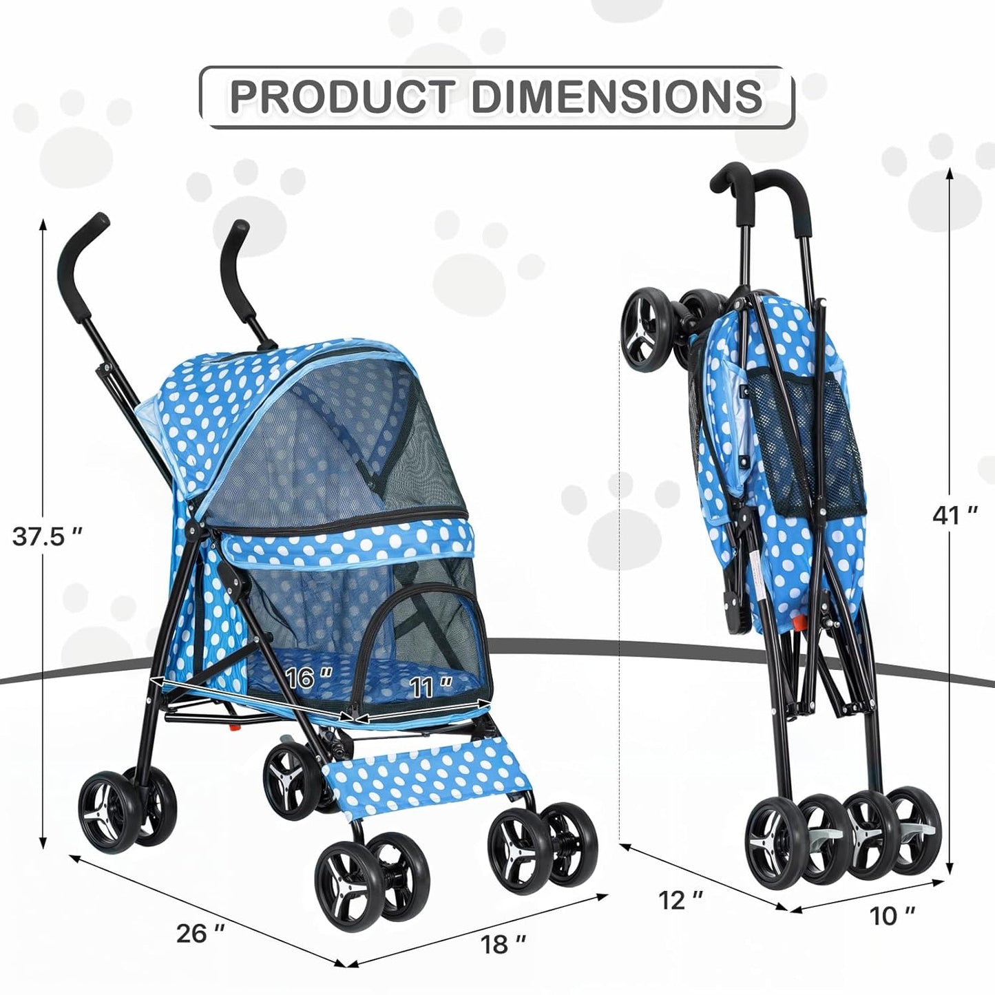 MoNiBloom 4 Wheels Pet Stroller, Easy-Fold Umbrella Shaped Dog Cat Jogger Stroller w/Storage Bag & Visible Mesh for Small/Medium Dogs Cats Sky Blue Polka Dots - Pawvie