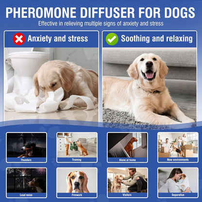 Dog Pheromone Calming Diffuser 4 In 1 Appeasing Pet Pheromones Diffuser to Calm Kit (Plug in+ 3 Pack 48ml Refill) for Anxiety Relief Reduce Barking Aggression Fighting Stress 90 Day Supply(Tasteless)