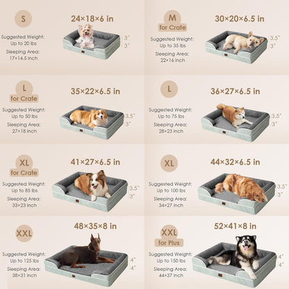 EHEYCIGA Orthopedic Dog Beds for Large Dogs, Waterproof Memory Foam Large Pet Bed with Sides, Non-Slip Bottom and Egg-Crate Foam Dog Couch Bed with Washable Removable Cover, Greyish Green