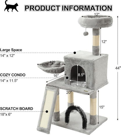 HOOPET 44IN Cat Tree for Indoor Cats - Multi-Level Cat Tower with Hammock, Condo, Scratching Posts, Self-Grooming Brush & Play Ball - Space-Saving Cat Furniture for Small Apartments