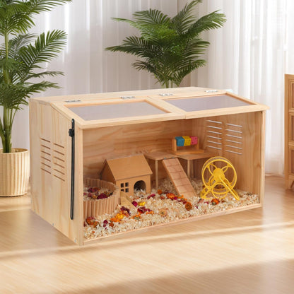 Wooden Hamster Cage,48" Lx20 Wx20 H，Animal Cabinet for Dwarf Syrian Hamsters Degus, Hamster Habitat with Openable Top and Large Acrylic Sheets.
