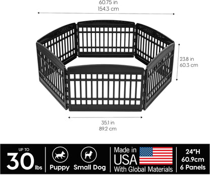 IRIS USA 24" 6-Panel Puppy Playpen, 61 x 61 x 24, Puppy Fence, Dog Playpen, Dog Play Pen Indoors, Pet Fence, Puppies/Small Dogs, Black