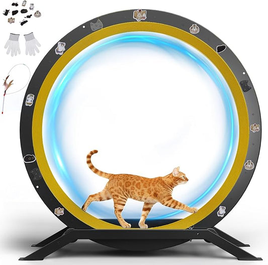 GTRACING Cat Wheels, 40" Diameter, Large Cat Exercise Wheel for Indoor Cats cat Treadmill Metal with Detachable Carpet & Teaser/Stickers, Ultra-Quiet Scroll Wheel with Latch, Safe and Stable, Yellow