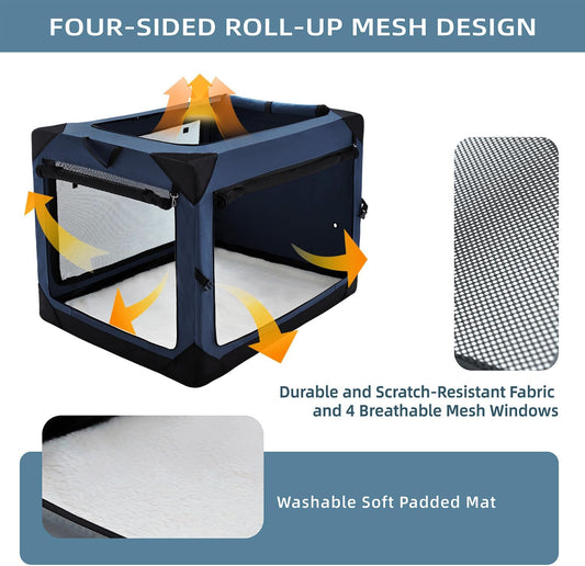 36 Inch Collapsible Crate for Large Dogs, 4-Door Foldable Soft Kennel with Chew Proof Mesh Windows for Indoor & Outdoor Travel,Navy Blue