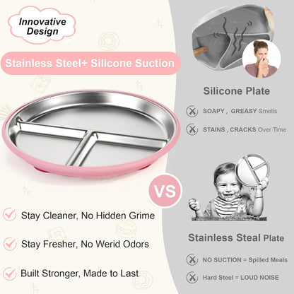 Stainless Steel Toddler Plates Silicone Suction,3 Packs Non-Slip Baby Plates,Divided Portion,Food-Grade Silicone Plate for Kids,LEAD-FREE Dishwasher Safe,Grey Mint Green Pink