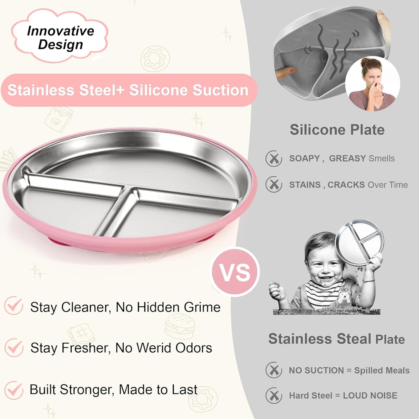 Bella’s Friends Stainless Steel Baby Plates with Suction 3 Pack, 9” Divided Toddler Plates with Removable Silicone Sleeves for Mess-Free Feeding, Non-Toxic, Non-Slip, Dishwasher Safe, Gray,White,Green