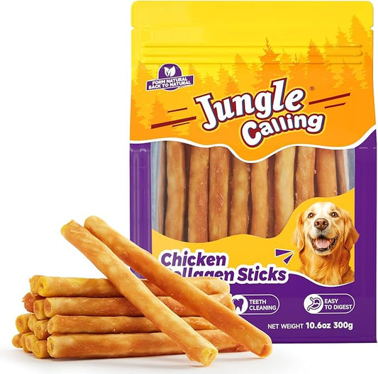 Jungle Calling Collagen Sticks for Dogs, Chicken Flavored Chews, Long Lasting Rawhide Alternative Treats for Small Medium Dog, Healthy Chew Bones, 5 Inch, About 37 Sticks Per Bag