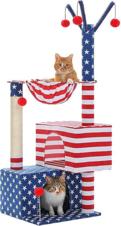 American Flag Cat Tree for Kittens & Senior Cats, 45” Stable Cat Tower Corner Fit, Patriotic Star & Stripes Cat House for Small Spaces with 2 Condos, Hammock & Reinforced Scratching Posts