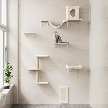 NUNU LAB Wall Mounted Cat Wall Shelves, 12-in-1 Cat Wall Climber with Condos House, Scratching Post, Bridge Ladder, Indoor Space-Saving Furniture for Kittens Play, Beige