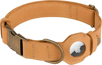 AirTag Dog Collar - Genuine Leather Dog Collar with Apple AirTag Holder and Metal Buckle - Smart GPS Tracking Pet Collars (Light Brown, L, 17"-21" Neck Fit)