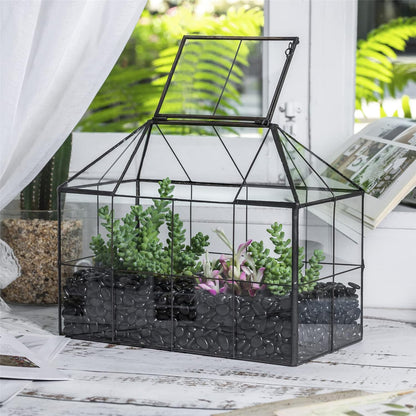 NCYP Glass Terrarium Planter with Lid for Small Succulent Cacti, Grid House Shape Black Geometric Terrarium Pot, Home Garden Indoor Tabletop Decor, 9.84" x 5.31" x 7.87" (No Plants)