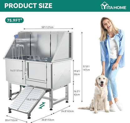 YITAHOME Dog Grooming Bathtub, Professional Stainless Steel 304 Dog Bathing Station w/Right Ramp, Faucet, Floor Grate, 50in Pet Washing Station for Large, Medium, Small Pets