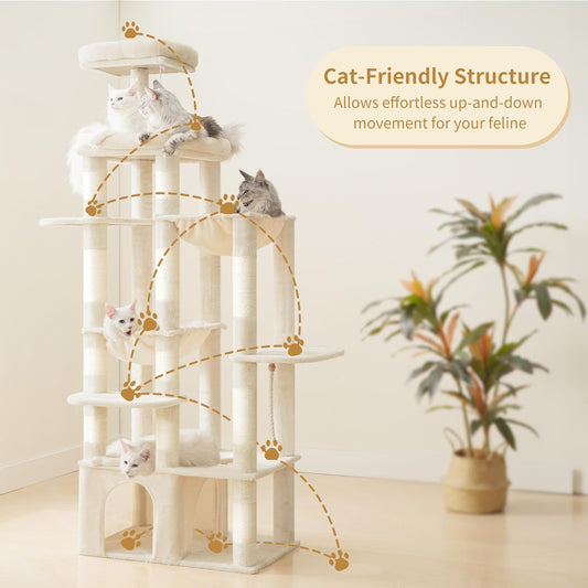 Heybly Heavy Duty Cat Tree, 71-Inch Tall Tower for Large Maine Coon with Extra-Large Baseboard, Cat Condo Furniture with Multi-Level Platforms, 2 Hammocks and 12 Scratching Posts, Beige HCT037M