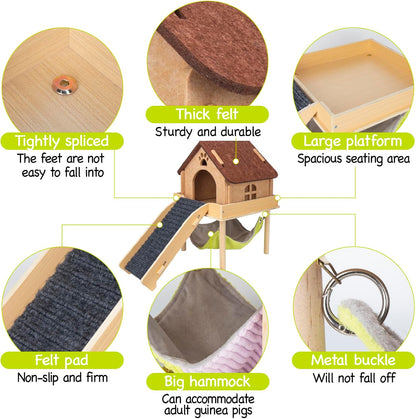 3 in 1 Enlarged Guinea Pig Hammock,Wooden Guinea Pig Hideout with House & Platform & Stairs Small Animal Toys for Hiding Sleeping Activities