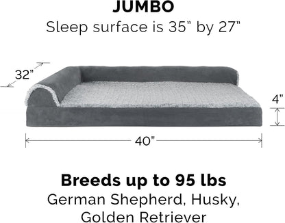 Furhaven Cooling Gel Dog Bed for Large Dogs w/ Removable Bolsters & Washable Cover, For Dogs Up to 95 lbs - Two-Tone Plush Faux Fur & Suede L Shaped Chaise - Stone Gray, Jumbo/XL