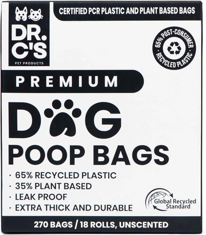 Certified 65% PCR (Post Consumer Recycled) Plastic and 35% Plant Based Dog Poop Bags - Dr. C's Premium Dog Poop Bags - 270 Bags / 18 Rolls, Extra thick, Leak Proof, Unscented, Earth Friendly