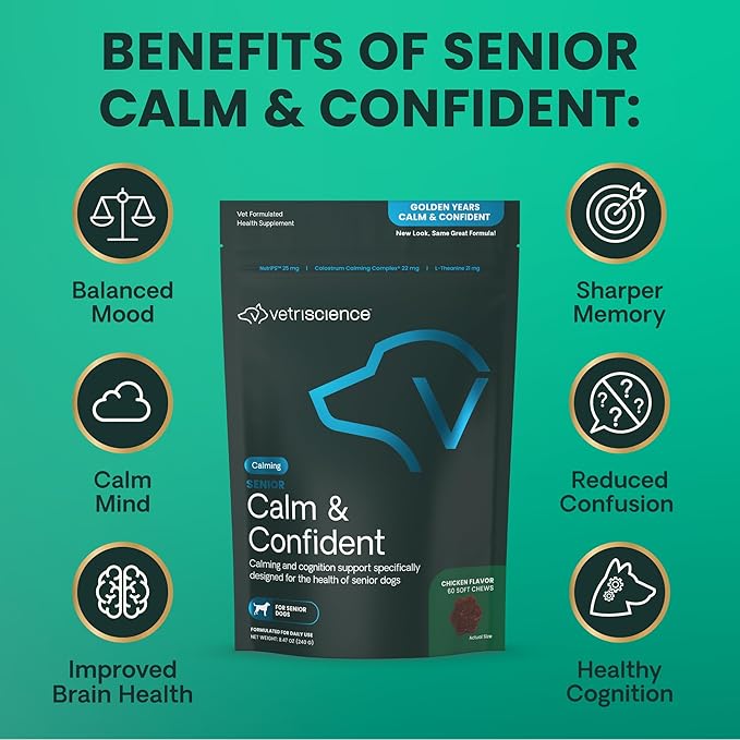 VetriScience Senior Calm & Confident Soft Chews with Colostrum and L-Theanine, Golden Years Calming, Cognition and Brain Health, Sundowners Supplement for Senior Dogs, Chicken, 60 Count