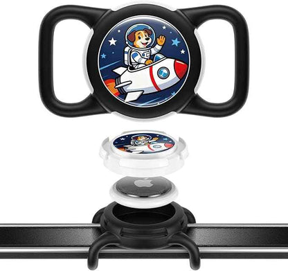 Dog AirTag Holder for Dog Collar, Soft Silicone Slide-On Case for Apple AirTag, No-Dangle Quiet Protective Holder with Eye-Catching Pet Character Designs, Black-Rocket Pilot