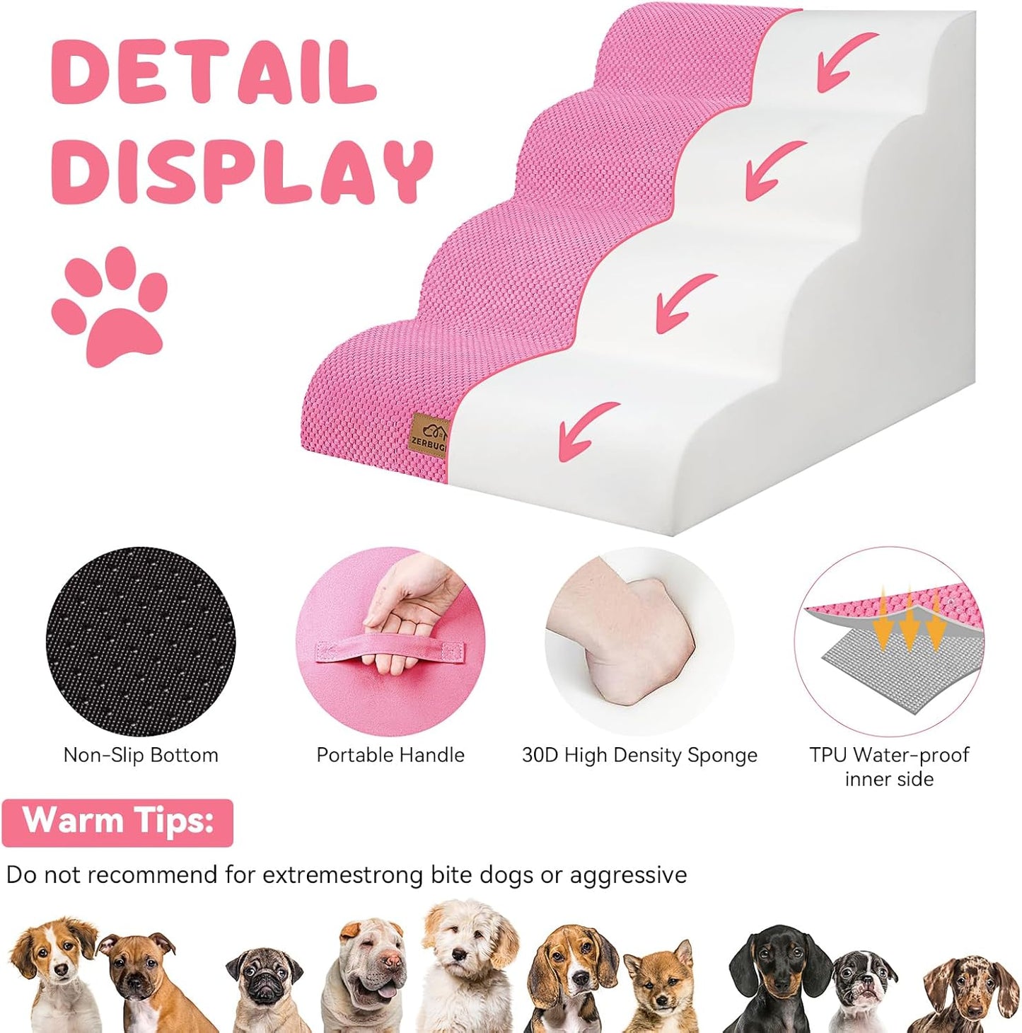 Dog Ramp and Stair for Bed 16" H-20 H,3-Step Cat Stair for Sofa and Chair,4-Step Dog Ramp for High Bed and Window,Durable Nonslip Fabric Cover for Indoor (Pink-20 H, Pet Friendly, 4) - Pawvie