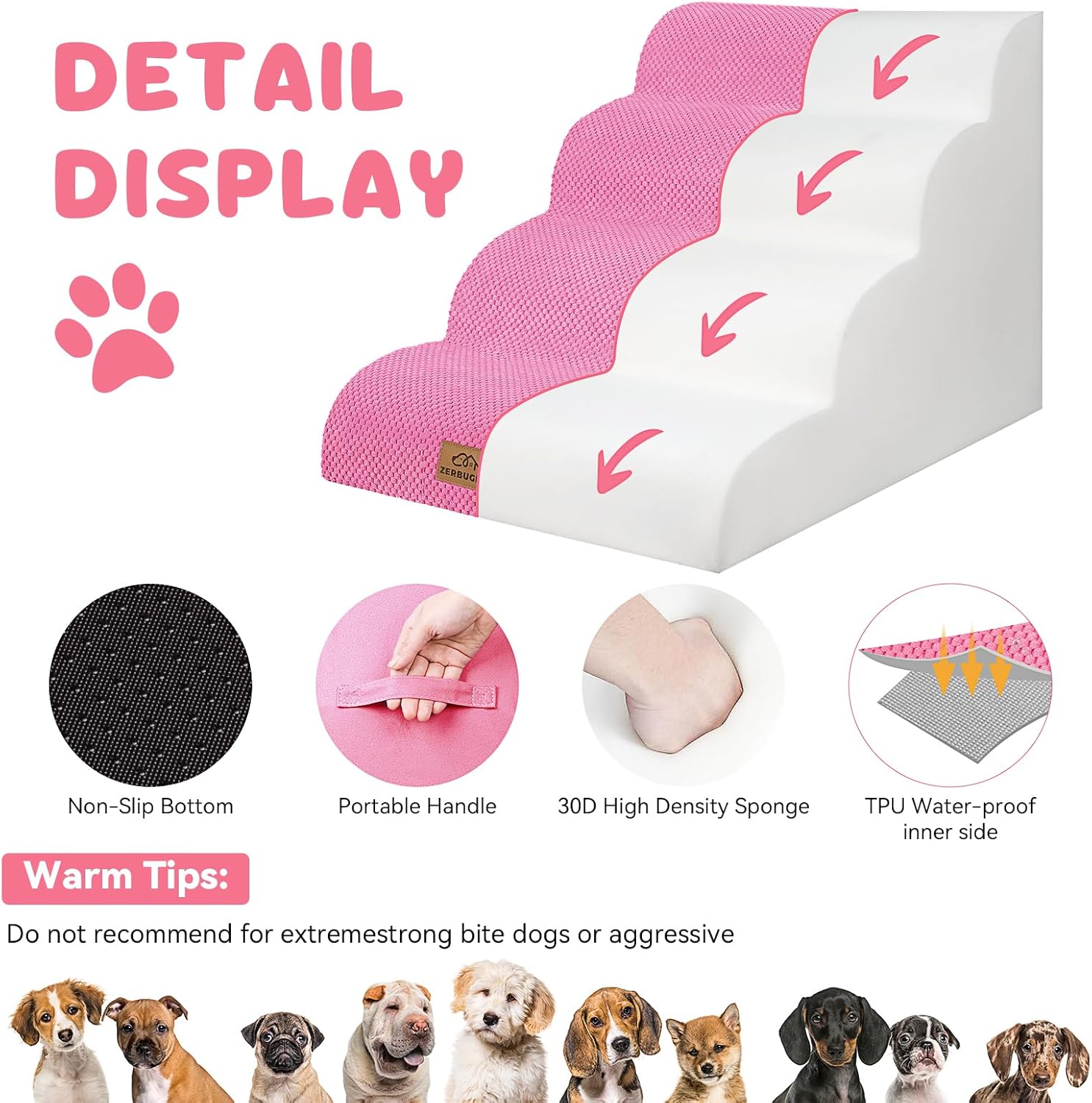 Dog Ramp and Stair for Bed 16" H-20 H,3-Step Cat Stair for Sofa and Chair,4-Step Dog Ramp for High Bed and Window,Durable Nonslip Fabric Cover for Indoor (Pink-20 H, Pet Friendly, 4) - Pawvie