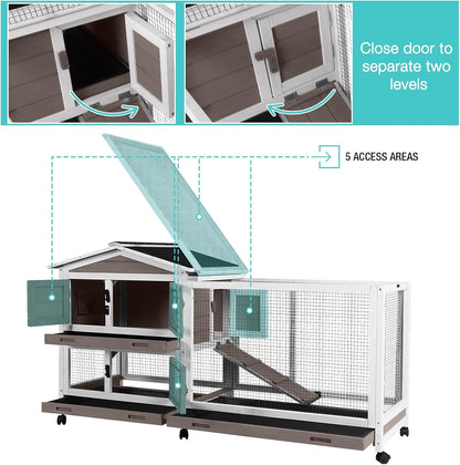 62" Rabbit Hutch with Chew-Proof Ramp & Waterproof Roof - Indoor/Outdoor Bunny Cage, 2-Story Design, 6 Lockable Caster Wheels & Dual Pull-Out Trays (Brown)