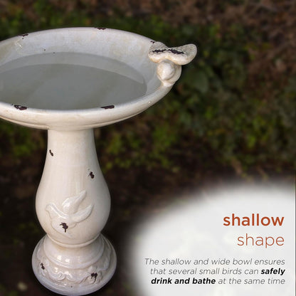 Alpine Corporation TLR102LBR 25" Outdoor Antique Ceramic Birdbath with Bird Figurines, Pedestal Bird Bath for Garden, Patio, Yard, or Deck Décor, Durable Weather-Resistant, Light Brown