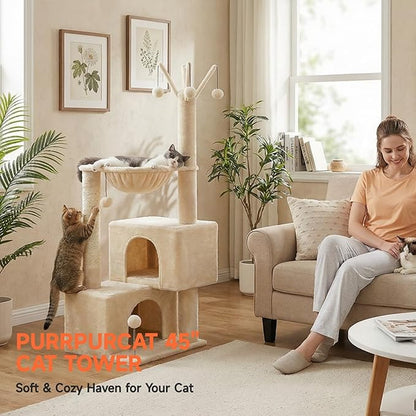 Cat Tree 45" for Indoor Cats, Compact Cat Tower with 2 Condos, Hammock Bed & 5 Hanging Ball Toys, Space-Saving Sturdy Cat Condo Furniture for Kittens & Small-Medium Cats