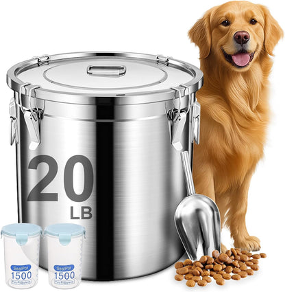 Dog Food Storage Containers, Large Stainless Steel Pet Food Storage Containers 20 lb / 9 kg to Keep Fresh, Metal Airtight Cat Food Containers With Scoop and 2 Small Containers